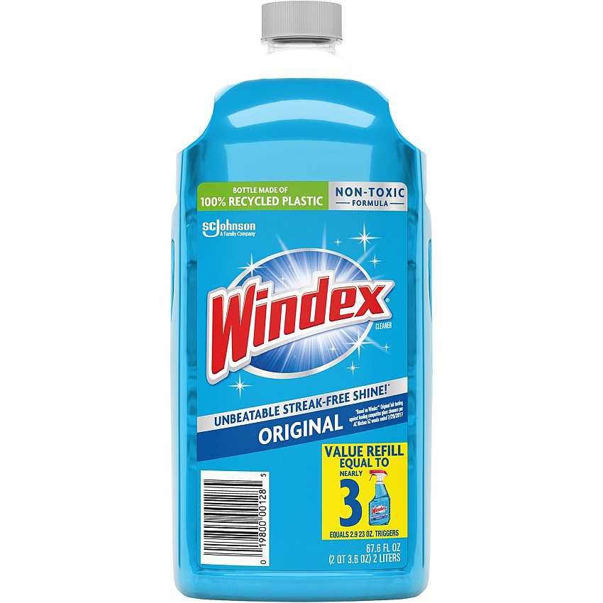 Windex&reg; Original Glass Cleaner Refill 67.6 fl oz (2.1 quart) - Streak-free, Film-free, Phosphate-free - Blue Bottle - 6 / Carton (316147CT)