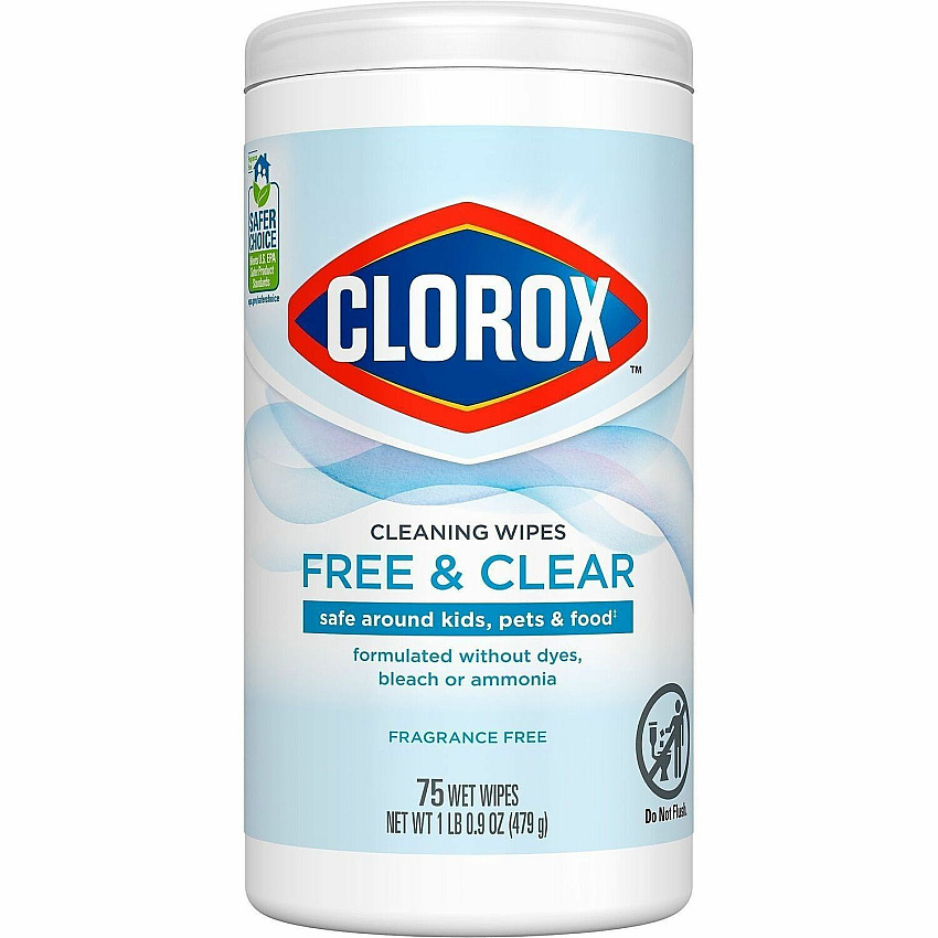 Clorox Free & Clear Cleaning Wipes 4.25" Length x 4.25" Width - Fragrance-free, Dye-free, Residue-free, Durable - White - 75/Tub - 1 Each (32486)
