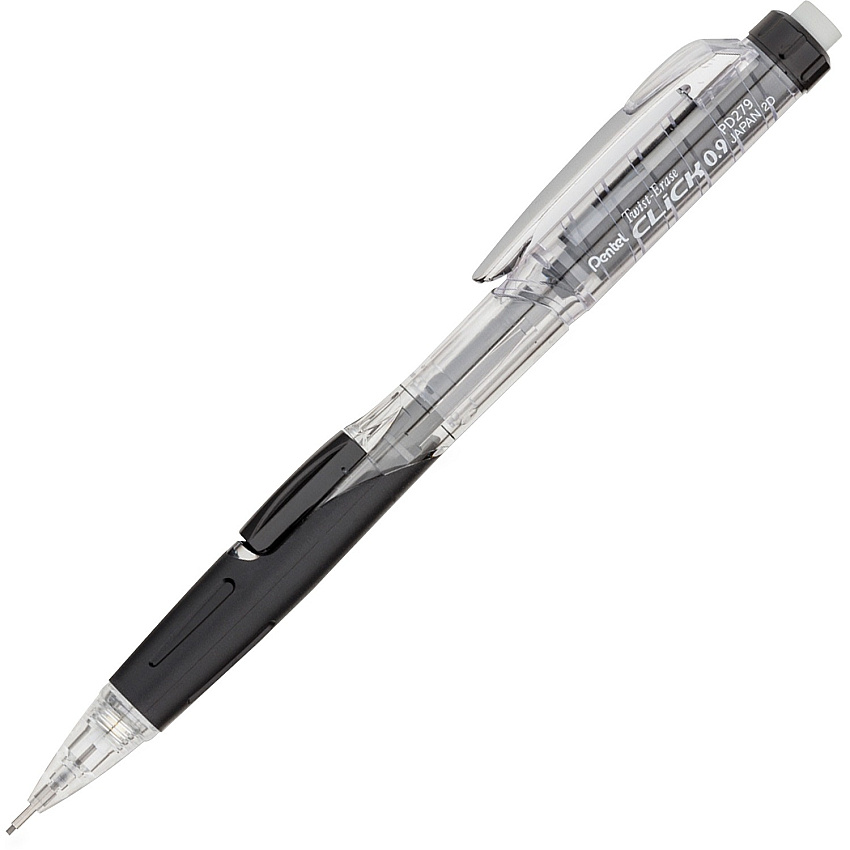 Pentel Twist-Erase Click Mechanical Pencils 0.9 mm Black Lead - #2, HB - Refillable - Transparent, Black Barrel - 12 / Box (PD279TABX)