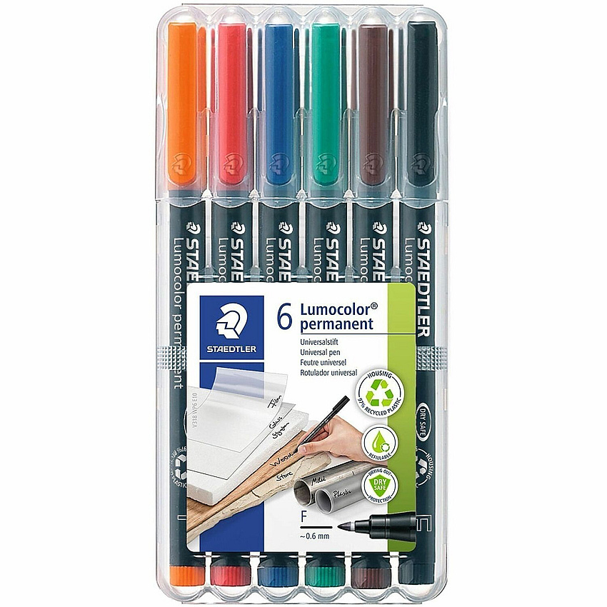 Staedtler Lumocolor Permanent Pen 318 0.6 mm Pen Point - Refillable - Red, Blue, Orange, Green, Brown, Black Ink - Polypropylene Barrel - 6 / Pack (318WP6)