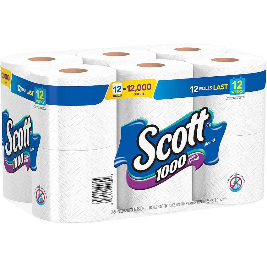 Scott 1000 1-ply 12Roll Bath Tissue 1 Ply - 3.70" Width x 4.10" Length - 1000 Sheets/Roll - White - 12 / Pack (10060)