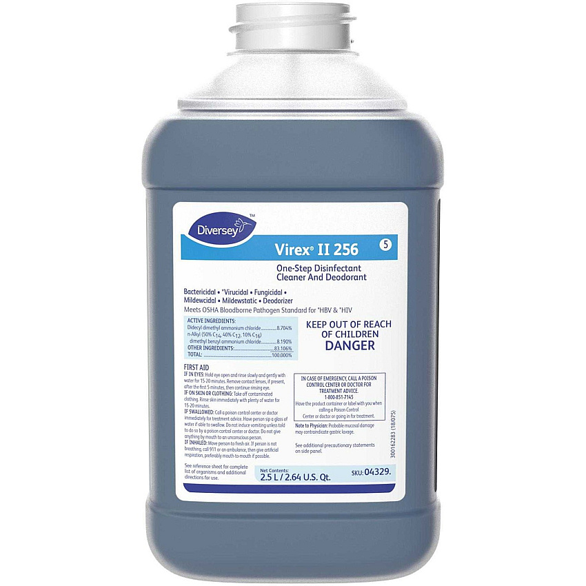 Diversey Virex II 256 Disinfectant Cleaner Concentrate - 84.5 fl oz (2.6 quart) - Minty Scent - Deodorize, Non-porous, Deodorant - Blue - 2 / Carton (04329)