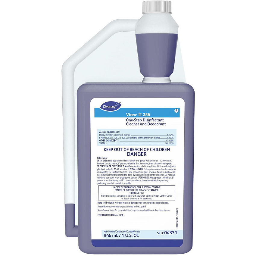 Diversey Virex II 256 Disinfectant Cleaner Concentrate - 32 fl oz (1 quart) - Minty Scent - Deodorant, Antibacterial, Non-porous - Blue - 6 / Carton (04331)