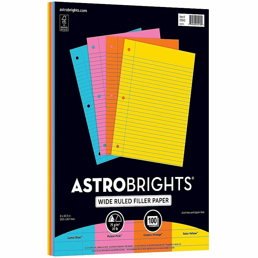Astrobrights Filler Paper 100 Sheets - Wide Ruled Front Ruling - 3 Hole(s) - 24 lb Basis Weight - 8" x 10 1/2" Sheet Size - Neon Blue Paper - Hole-punched, Acid-free - 100 / Pack (2591001)