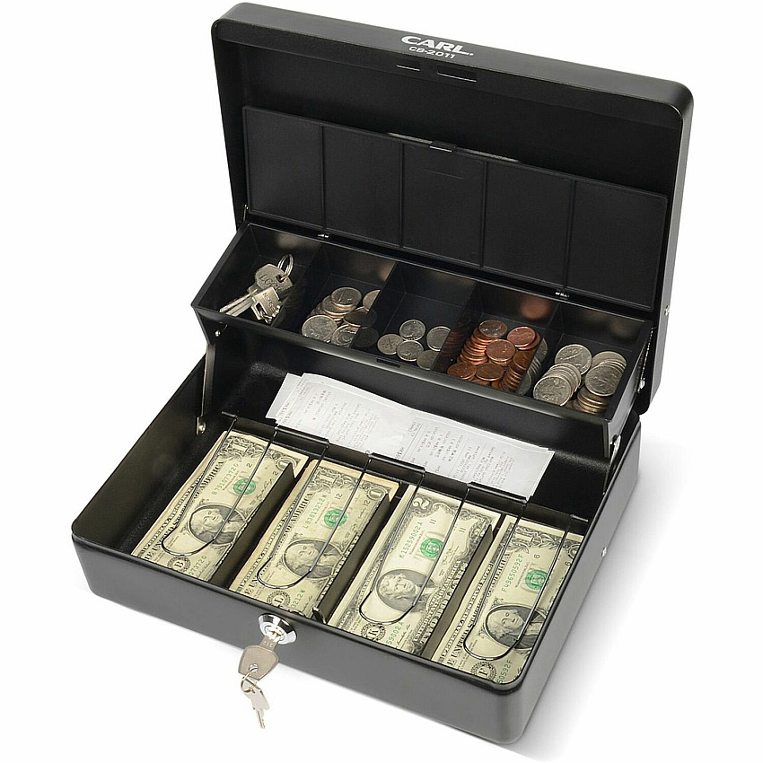 CARL Bill Slots Steel Security Cash Box 4 Bill - 5 Coin - Steel - Black - 3.5" Height x 10" Width x 7" Depth - 1 Each (82011)