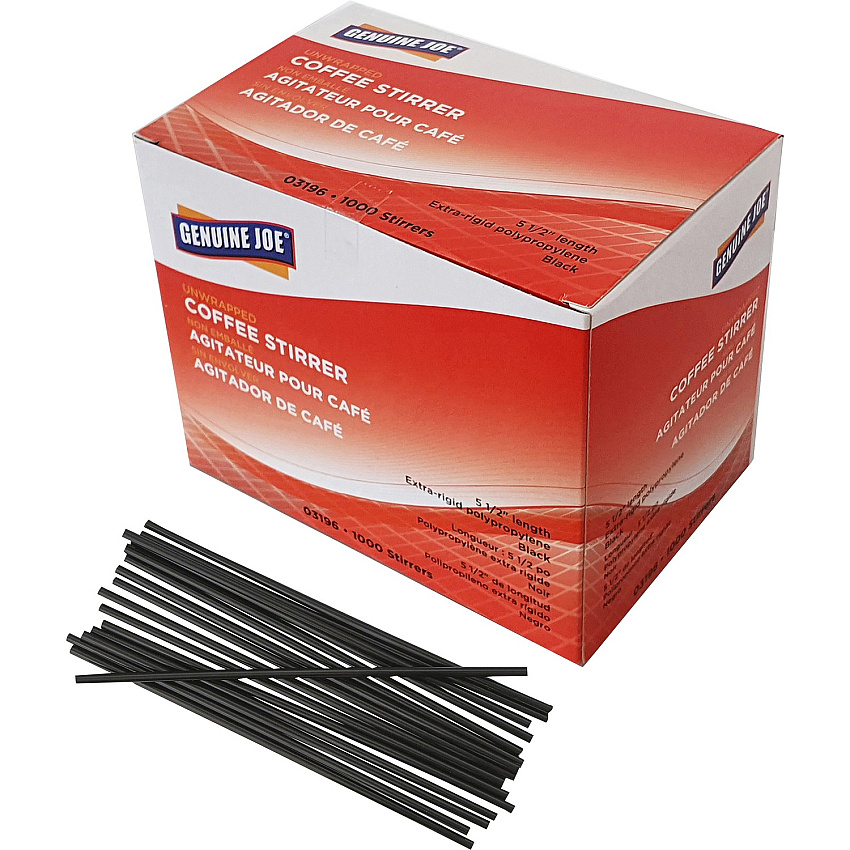 Genuine Joe Plastic Stirrers 5.5" Length - Plastic, Polypropylene - Black - 1000 / Box (GJO03196)