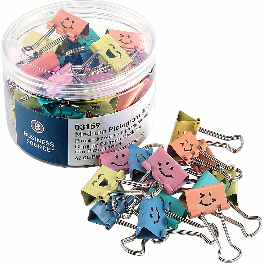 Business Source Smiling Face Binder Clips Medium - for Paper, Office, Classroom - Sturdy - Assorted - 42 / Tub (BSN03159)