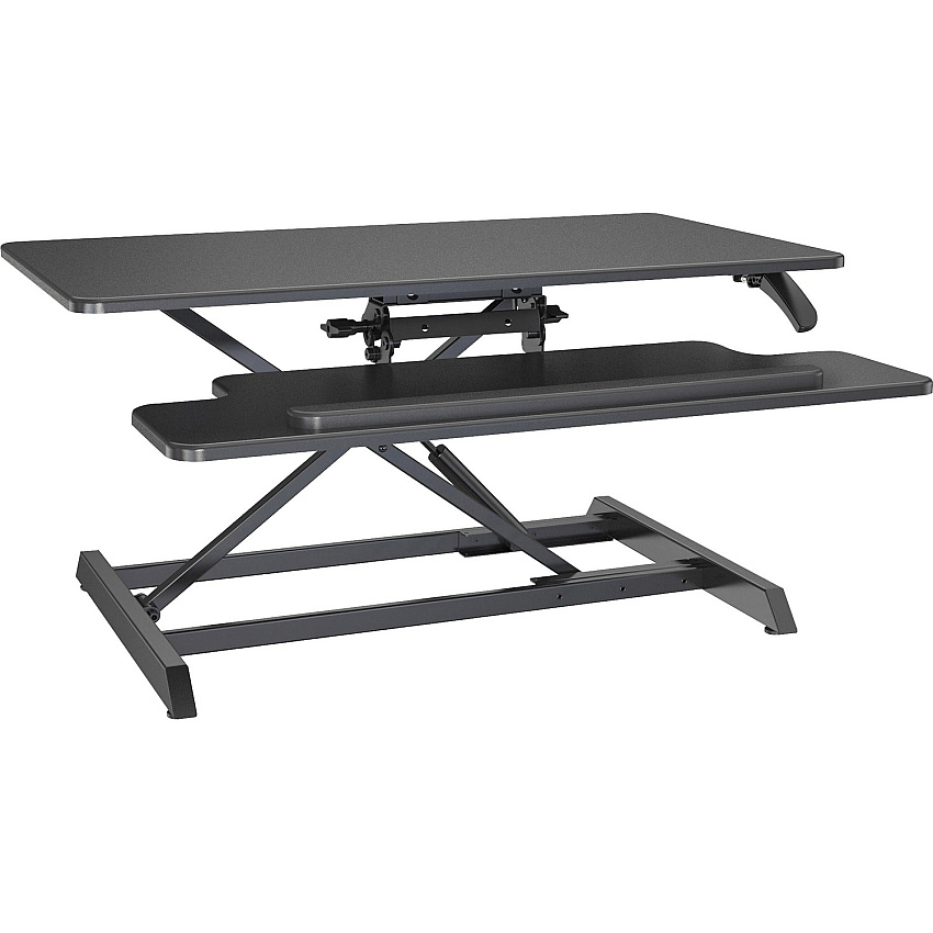 Lorell Large Monitor Desk Riser 37.40 lb Load Capacity - 19.63" Height x 35.38" Width x 19.25" Depth - Desk - Polyvinyl Chloride (PVC), Medium Density Fiberboard (MDF) - Black - For Monitor - Keyboard Tray, Sturdy, Gas Spring - 1 Each (LLR99555)