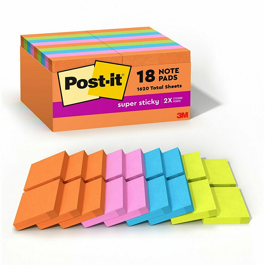 Post-it&reg; Super Sticky Notes - Energy Boost Color Collection 2" Flag/Note Width x 2" Flag/Note Length - Square - 90 Sheets per Pad - Multicolor - Paper - Super Sticky, Adhesive, Recyclable, Residue-free - 18 / Pack (62218SSAUC)