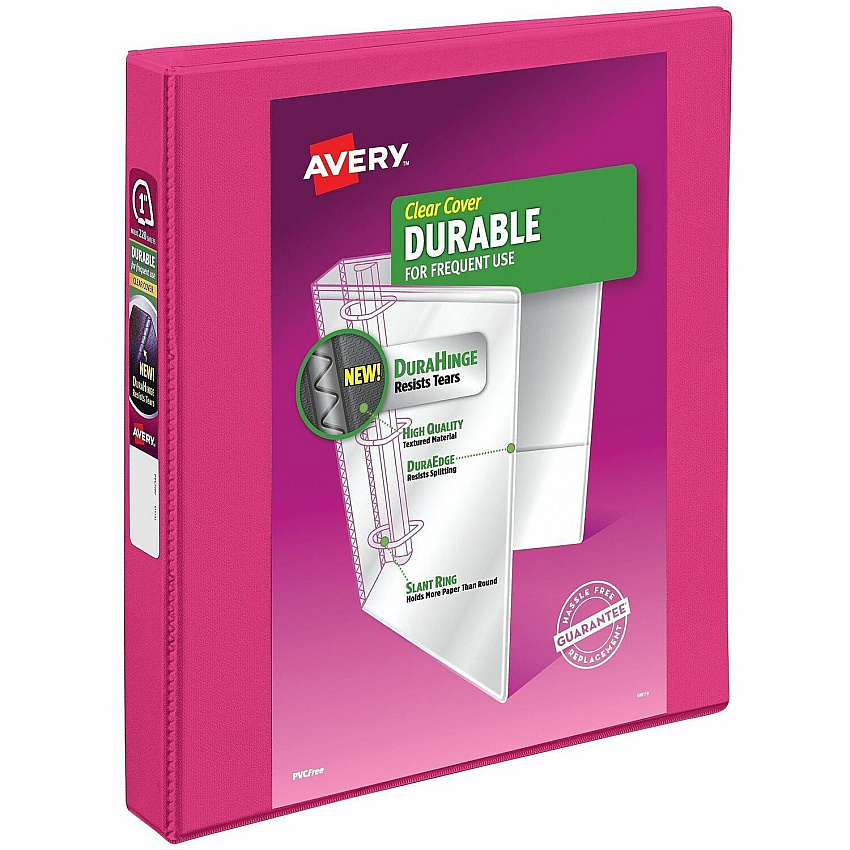 Avery&reg; Durable View 3 Ring Binder, 1" Slant Rings, 1 Pink Binder 1" Binder Capacity - Letter - 8 1/2" x 11" Sheet Size - 250 Sheet Capacity - 250 Ring - Fastener: Slant Ring - Pocket: 2 - Polypropylene - Recycled - Adhesive, Customizable Spine (17830)