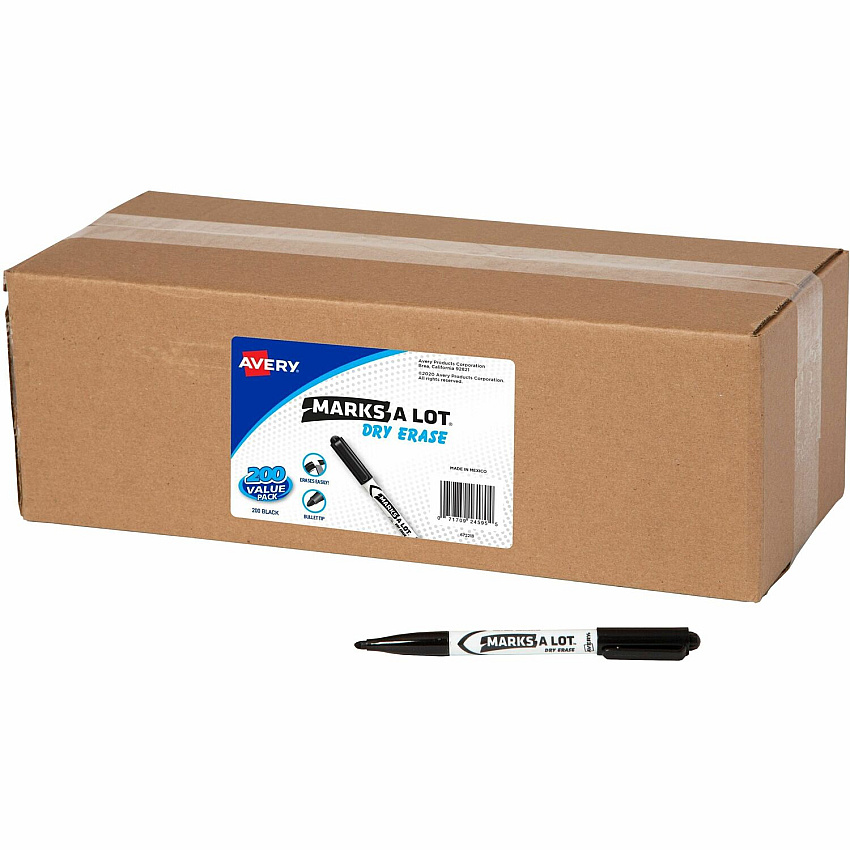Avery Marks A Lot Avery&reg; Marks A Lot Marks-A-Lot Value Pack Dry Erase Markers Bullet Marker Point - Erasable - Black Ink - Home, School - 200 / Carton (24595)