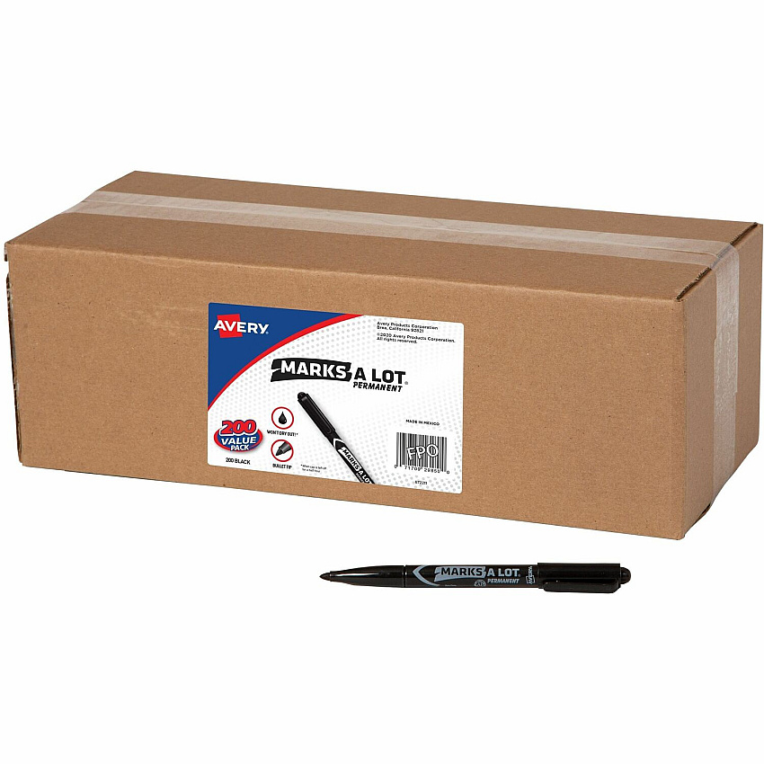 Avery&reg; Marks-A-Lot Value Pack Pen-Style Permanent Markers Bold Bullet Marker Point - Black Ink - Metal, Plastic, Warehouse, Classroom, Office - 200 / Carton (29850)