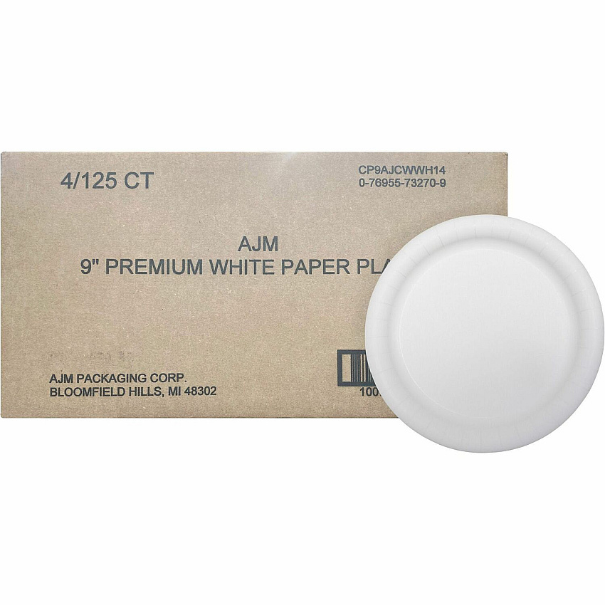 AJM 9" Dinnerware Paper Plates Disposable - 9" Diameter - White - Paper Body - 125 / Pack (CP9AJCWWH1)