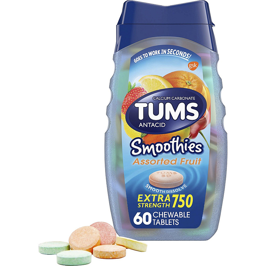 TUMS Smoothies Extra Strength Antacid Chewable Tablet For Acid Indigestion, Heartburn, Sour Stomach, Upset Stomach - Assorted Fruit - 60/Bottle - 1 Each (39287)