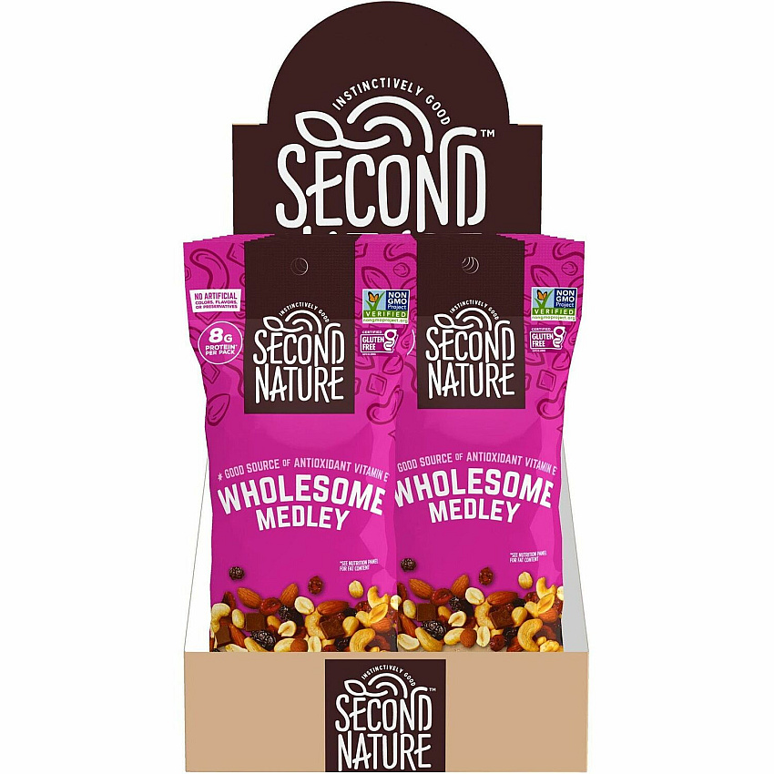 Second Nature Wholesome Medley Trail Mix Low Sodium, Gluten-free, No Artificial Color, Preservative-free, No Artificial Flavor, Trans Fat Free - Almond, Cashew, Peanut, Cherry, Dried Cranberries, Dark Chocolate, Dried Cherries - 2.25 oz - 1 Box (1170)