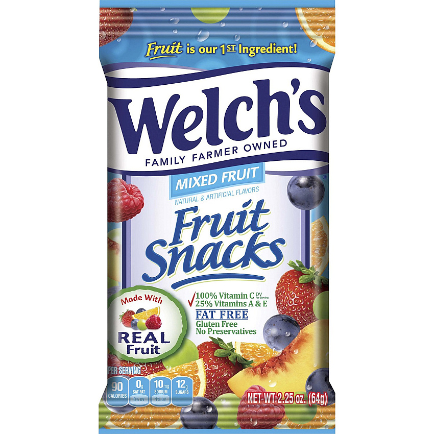 Welch's Mixed Fruit Snacks Gluten-free, Preservative-free, Trans Fat Free - Strawberry, White Grape Raspberry, Orange, White Grape Peach, Concord Grape - 2.25 oz - 48 / Carton (2898)