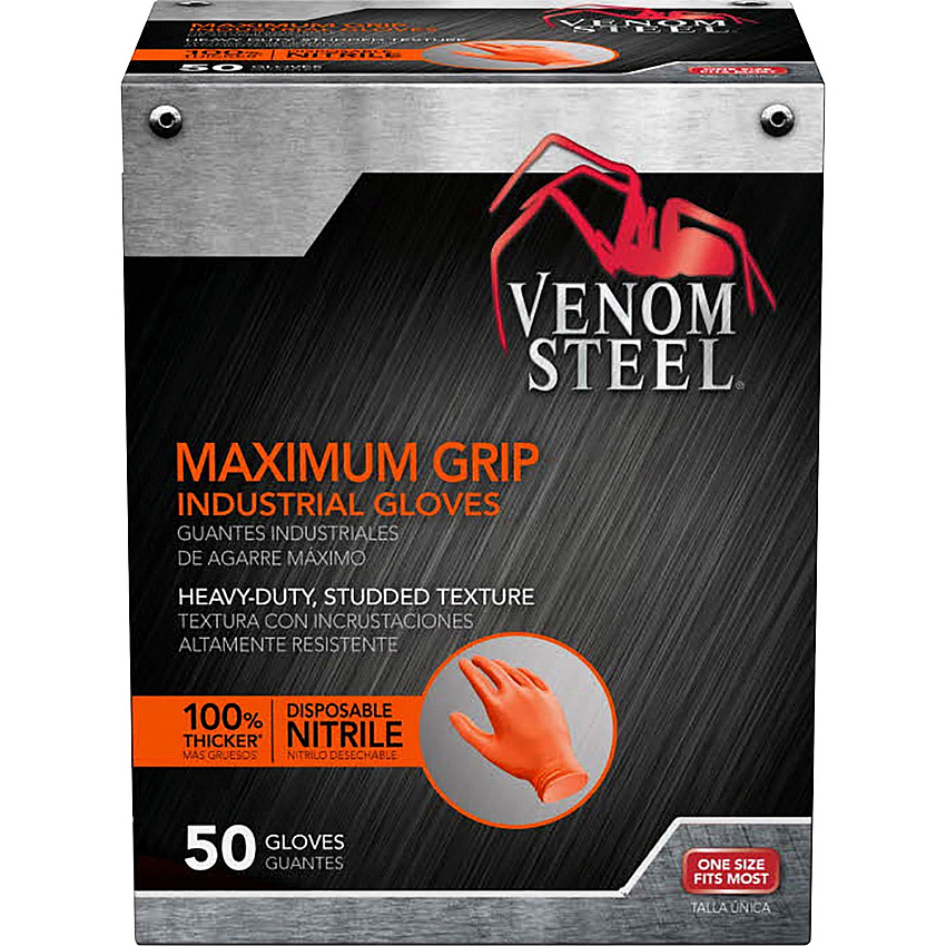 Venom Maximum Grip Nitrile Gloves 8 mil Thickness x 9.50" Glove Length - Chemical Protection - Universal Size - Diamond Textured - Orange - Embossed, Non-slip Grip, Chemical Resistant, Rip Resistant, Puncture Resistant, Tear Resistant - For Pain (VEN6085)