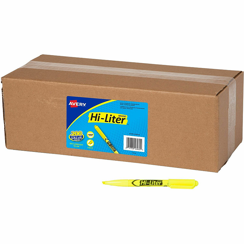 Avery&reg; Pen Style Highlighters Fluorescent Yellow Ink - Journaling, Planner, Classroom, School, Home, Office, Sketching - 200 / Carton (23825)