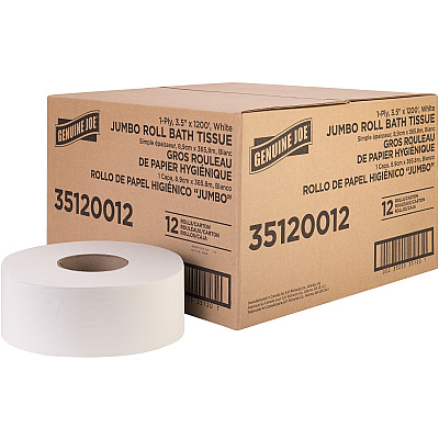 Genuine Joe 1-ply Jumbo Roll Bath Tissue 1 Ply - 3.63" Width x 1200 ft Length - 8.88" Roll Diameter - White - Fiber - 12 / Carton (GJO35120012)