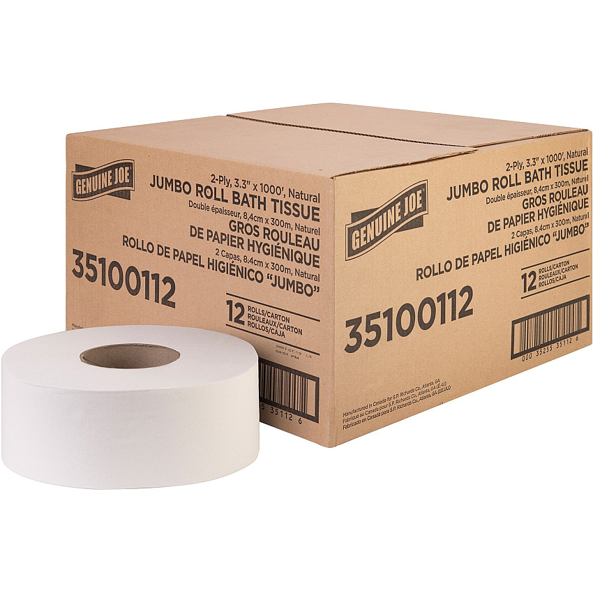 Genuine Joe Jumbo Jr Dispenser Bath Tissue Roll 2 Ply - 3.30" Width x 1000 ft Length - 8.88" Roll Diameter - White - Fiber - 12 / Carton (GJO35100112)