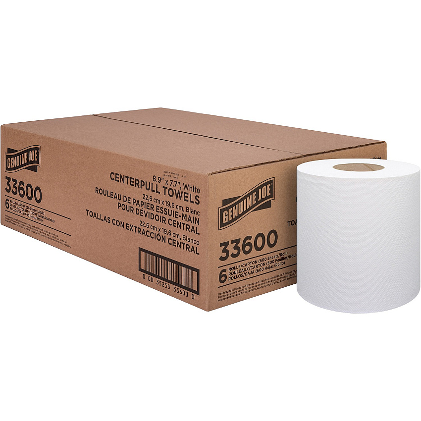 Genuine Joe Centerpull Towel Rolls 8.13" Width x 7.56" Length - 600 Sheets/Roll - 3" Core - White - Virgin Fiber - 6 / Carton (GJO33600)