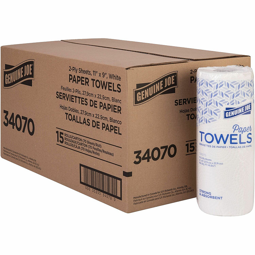 Genuine Joe Kitchen Roll Towels 2 Ply - 9" Width x 11" Length - 70 Sheets/Roll - White - Paper - 15 / Carton (GJO34070)
