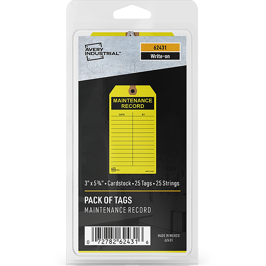 Avery&reg; Preprinted MAINTENANCE RECORD Hang Tags 5.75" Length x 3" Width - Card Stock - Yellow - 1 Pack (62431)