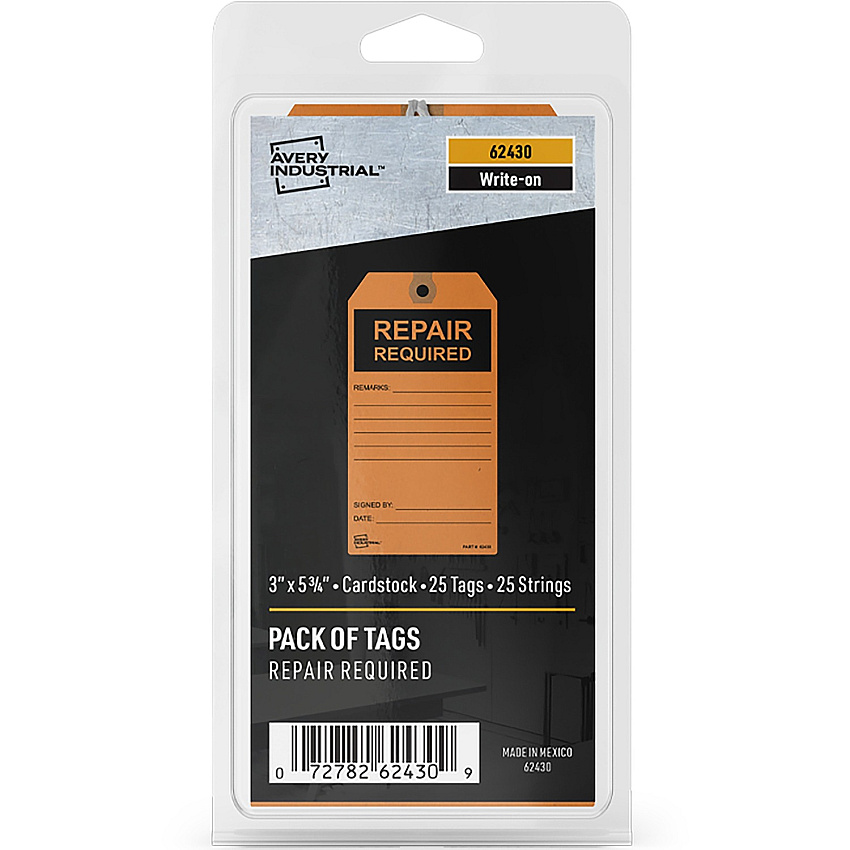 Avery&reg; Preprinted REPAIR REQUIRED Repair Tags 5.75" Length x 3" Width - Card Stock - Orange - 1 Pack (62430)