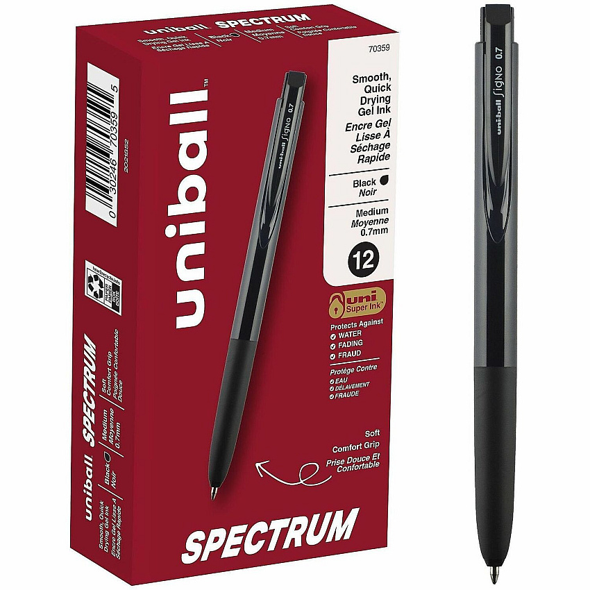 uni-ball uniball™ Spectrum Retractable Gel Pens 0.7 mm Medium Pen Point - Retractable - Black Ink - Gel-based - Writing - 12 / Dozen (70359)