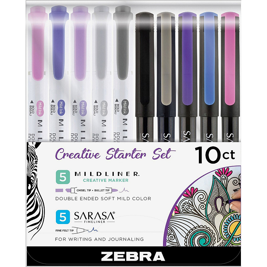 Zebra Pen MIDLINER Marker/SARASA Fineliner Creative Starter Set 0.8 mm Pen Point Size - Needle Pen Point Style - Broad, Fine Marker Point - Chisel, Bullet Marker Point Style - Gold Water Based, Dark Blue, Gray, Citrus Green, Summer Green, Black, B (10015)