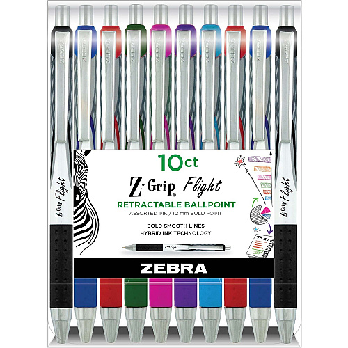 Zebra Pen Z-Grip Flight Retractable Pens 1.2 mm Bold Pen Point - Retractable - Multi Ink - Gel-based - Assorted Plastic Barrel - 10 / Pack (21901)