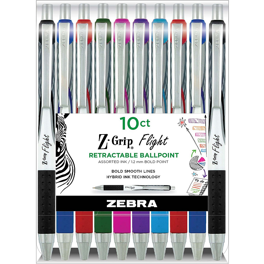 Zebra Pen Z-Grip Flight Retractable Pens 1.2 mm Bold Pen Point - Retractable - Multi Ink - Gel-based - Assorted Plastic Barrel - 10 / Pack (21901)