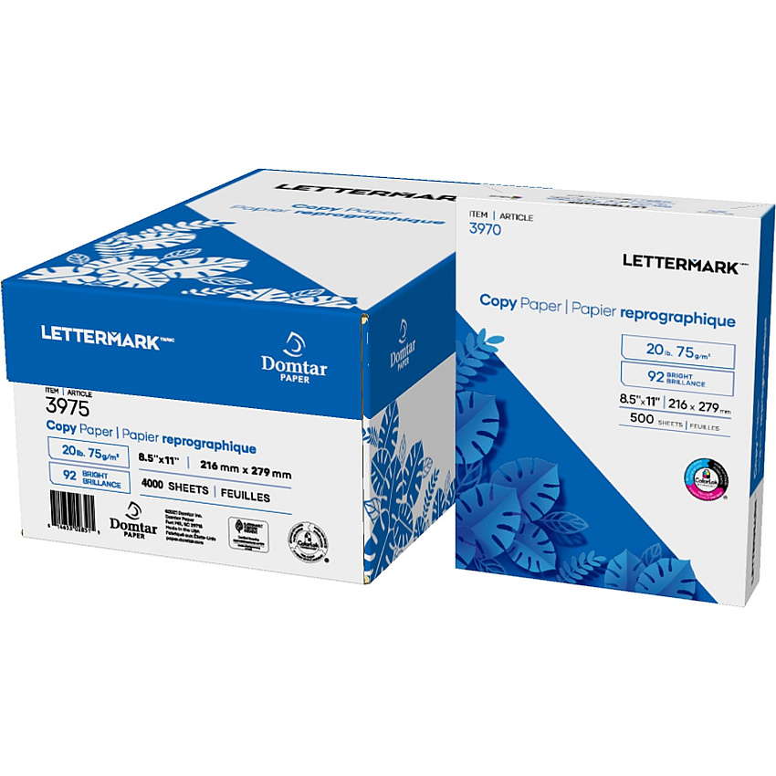 Lettermark Copy Paper - White 20 lb Basis Weight - Sustainable Forestry Initiative (SFI) - ColorLok Technology, Fast-drying, Jam-free, Acid-free, Non-yellowing - White - 500 Sheets per Ream - 8 / Carton (3975)