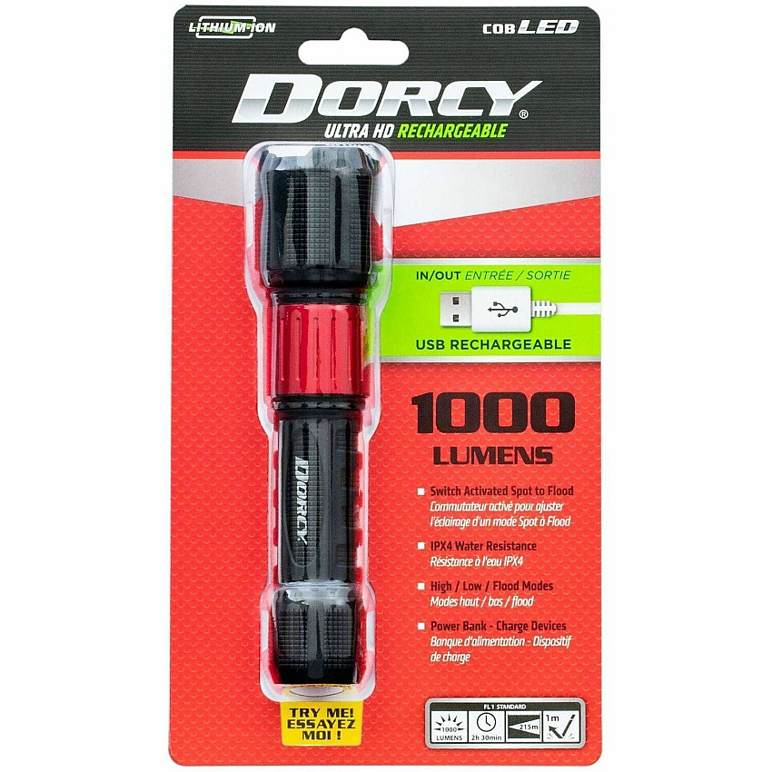 Dorcy Ultra 1000 Lumen USB Rechargeable Flashlight With Powerbank LED - 1000 lm Lumen - 1 - Lithium Ion (Li-Ion) - Battery Rechargeable - Battery - Anodized Aluminum - Water Resistant, Impact Resistant - Black - 1 Each (414358)