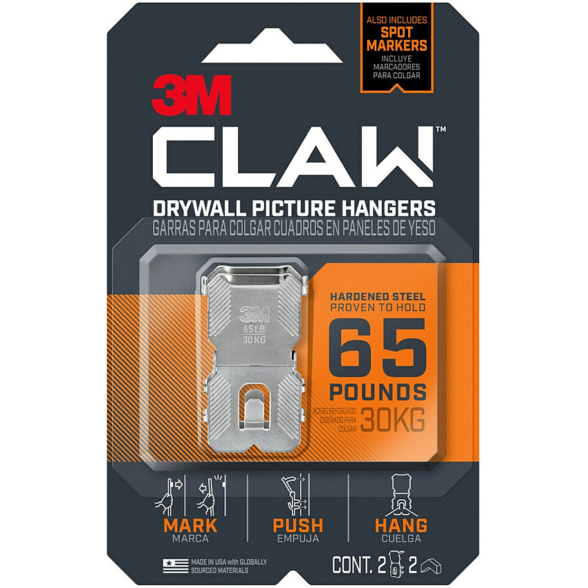 3M CLAW Drywall Picture Hanger 65 lb (29.48 kg) Capacity - 1.2" Width x 2" Length - for Pictures, Project, Mirror, Frame, Home, Decoration - Steel - Gray - 2 / Pack (3PH65M2ES)