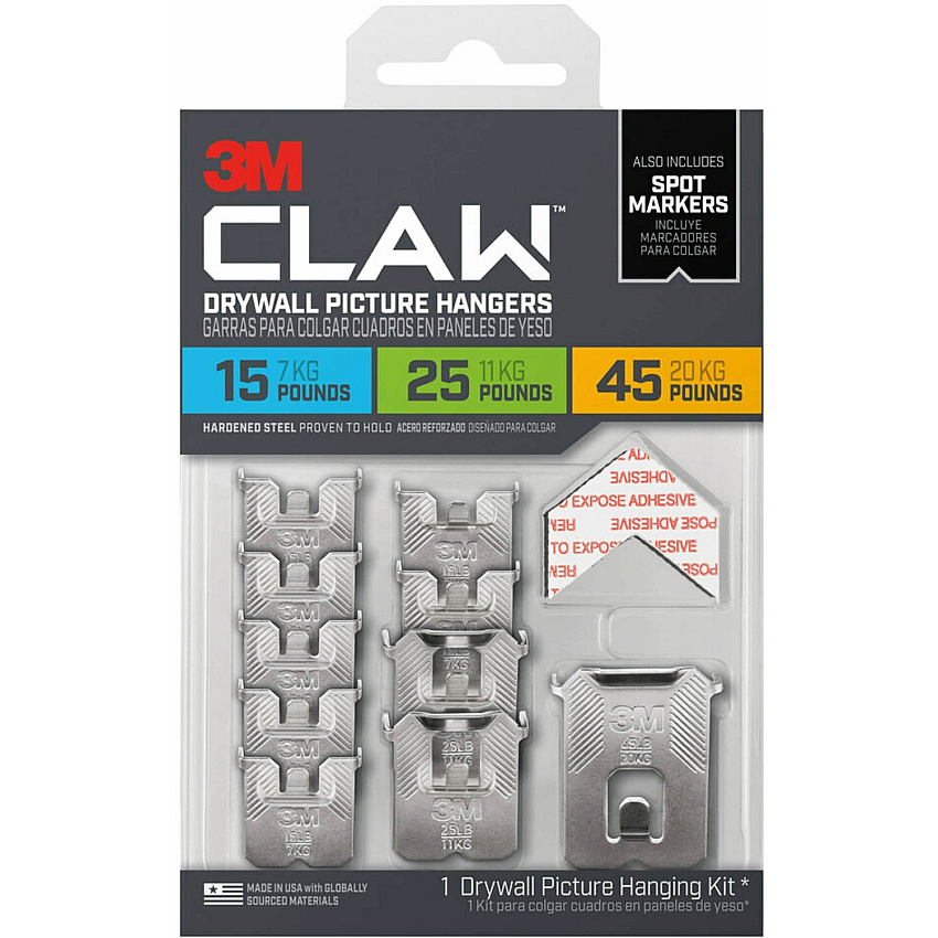 3M CLAW Drywall Picture Hanger 45 lb (20.41 kg), 25 lb (11.34 kg), 15 lb (6.80 kg) Capacity - 1.2" Width x 2" Length - for Pictures, Project, Mirror, Frame, Home, Decoration - Steel - Gray - 10 / Pack (3PHKITM10ES)