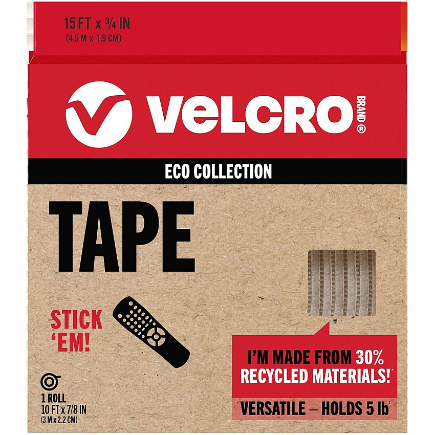 VELCRO&reg; Eco Collection Adhesive Backed Tape 10 ft Length x 0.88" Width - White - 1 Each (30195)