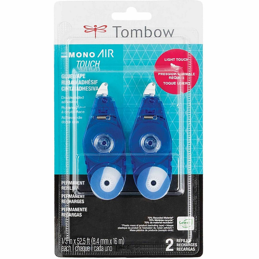 Tombow Refill 2-Pack, MONO Air Touch Adhesive 17.50 yd Length x 0.33" Width - White - 1 Pack (62153)