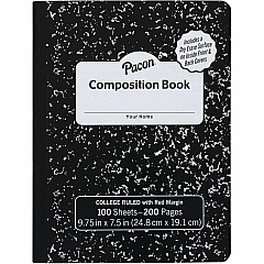 Pacon Marble Hard Cover Wide Rule Composition Book 1 Subject(s) - 100 Sheets - 200 Pages - Wide Ruled Front Ruling - Red Margin - 9.75" Height x 7.5" Width x 0.4" Depth - Black Marble Cover - Recyclable, Hard Cover, Dry Erase Surface - 1 Eac (PMMK37101DE)