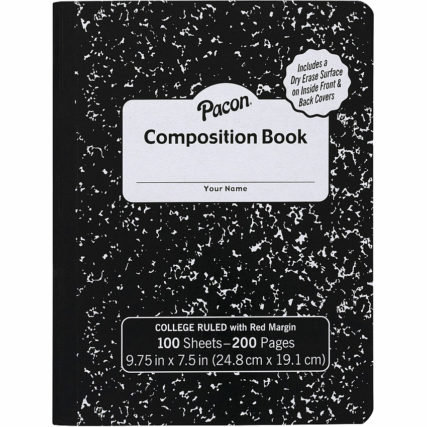 Pacon Marble Hard Cover Wide Rule Composition Book 1 Subject(s) - 100 Sheets - 200 Pages - Wide Ruled Front Ruling - Red Margin - 9.75" Height x 7.5" Width x 0.4" Depth - Black Marble Cover - Recyclable, Hard Cover, Dry Erase Surface - 1 Eac (PMMK37101DE)