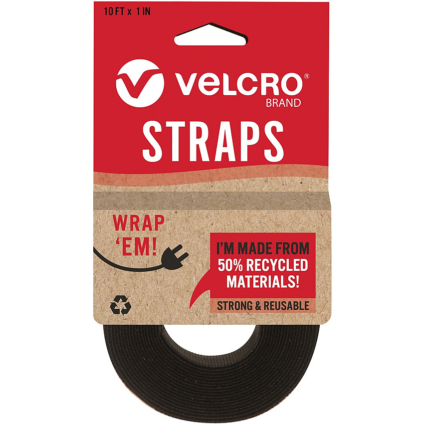 VELCRO&reg; Strap,Adjustable,Reusable,Recycled,1"x10',Black Cable Strap - Black - 1 Each (30188)
