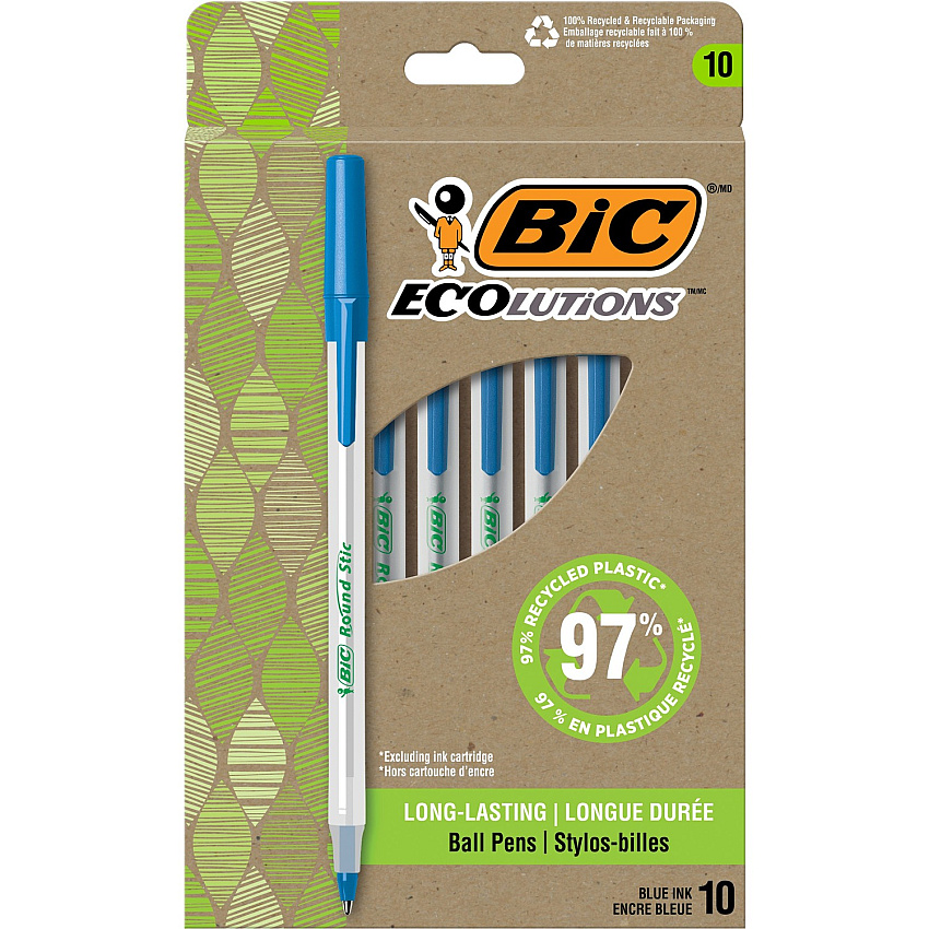 BIC Ecolutions Round Stic Ball Point Pen 1.0 mm Medium Pen Point - Blue Ink - Semi-transparent Barrel - 10 / Pack (GSME10BE)