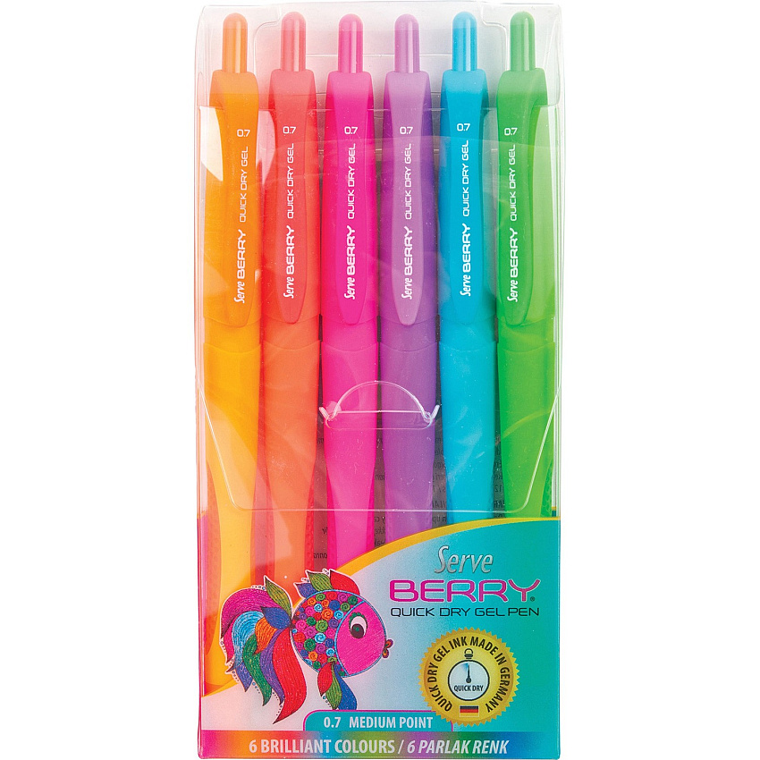 So-Mine Serve Berry Quick Dry Retract Gel Ink Pen 0.7 mm Medium Pen Point - Retractable - Orange, Red, Pink, Turquoise, Lilac, Light Green Ink - Gel-based - Orange, Red, Pink, Turquoise, Lilac, Light Green Barrel - 6 / Pack (BRGEL07B6KRB)
