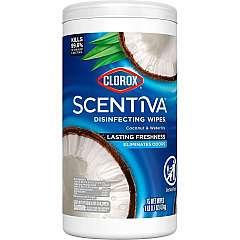 Clorox Scentiva Wipes, Bleach Free Cleaning Wipes Ready-To-Use - Coconut & Water Lily Scent - Bleach-free, Disinfectant, Deodorize - White - 75/Tub - 1 Each (60037) Clorox Scentiva Wipes, Bleach Free Cleaning Wipes Ready-To-Use - Coconut & Water Lily Scent - Bleach-free, Disinfectant, Deodorize - White - 75/Tub - 1 Each (60037)