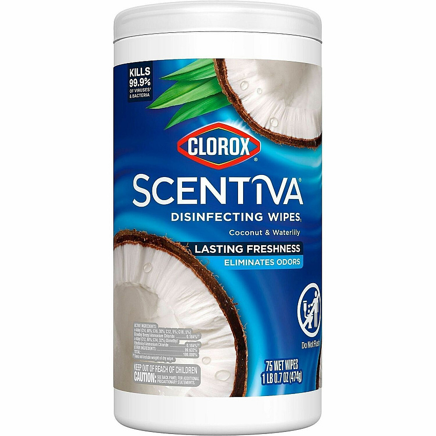 Clorox Scentiva Wipes, Bleach Free Cleaning Wipes Ready-To-Use - Coconut & Water Lily Scent - Bleach-free, Disinfectant, Deodorize - White - 75/Tub - 1 Each (60037)