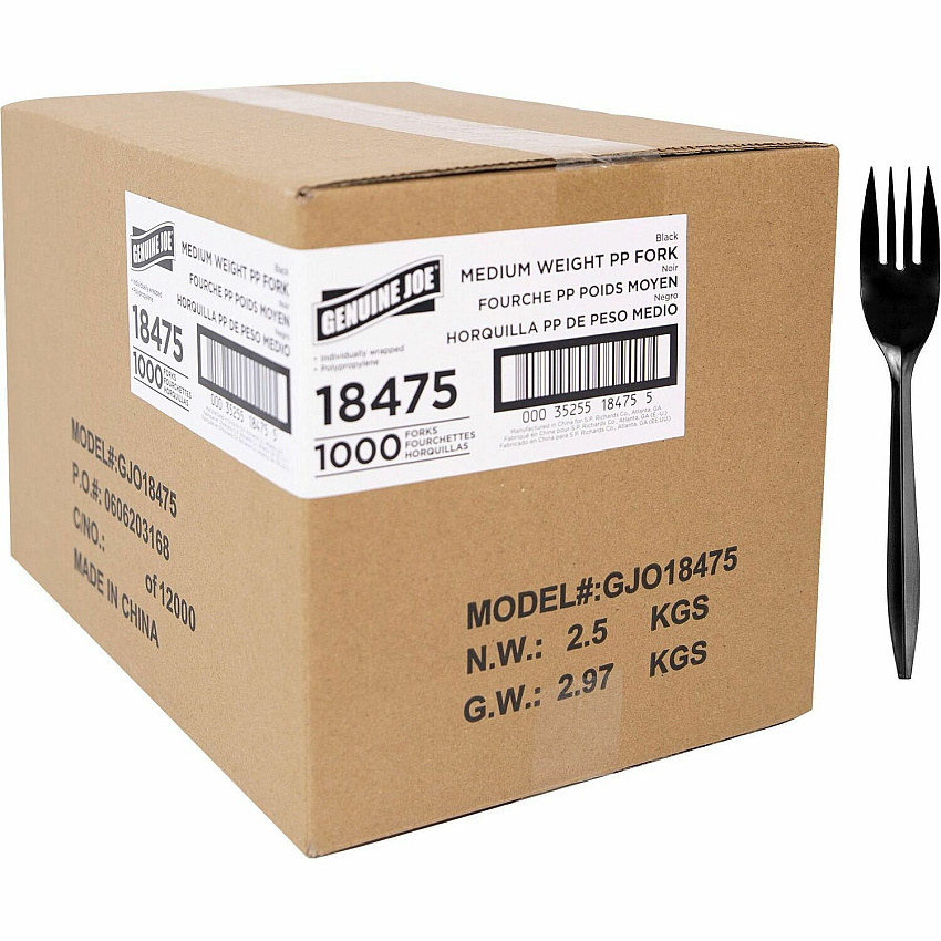 Genuine Joe Medium-weight Individually Wrapped Forks Fork - Breakroom - Disposable - Polypropylene - Black - 1000 / Carton (GJO18475)