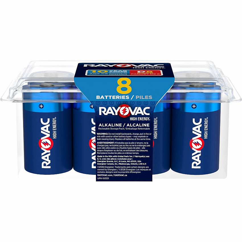 Rayovac High-Energy Alkaline D Batteries For Flashlight, Toy - 10 Year Shelf Life - 8 / Pack (8138PP)