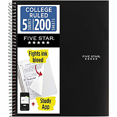 Acco Five Star Notebook 5 Subject(s) - 200 Sheets - Wire Bound - College Ruled Front Ruling - 3 Hole(s) - Letter - 8 1/2" x 11" Sheet Size - Black Cover - Bleed Resistant, Pocket, Perforated, Water Resistant, Spiral Lock, Acid-free, Pocket Divider (72081) Acco Five Star Notebook 5 Subject(s) - 200 Sheets - Wire Bound - College Ruled Front Ruling - 3 Hole(s) - Letter - 8 1/2" x 11" Sheet Size - Black Cover - Bleed Resistant, Pocket, Perforated, Water Resistant, Spiral Lock, Acid-free, Pocket Divider (72081)