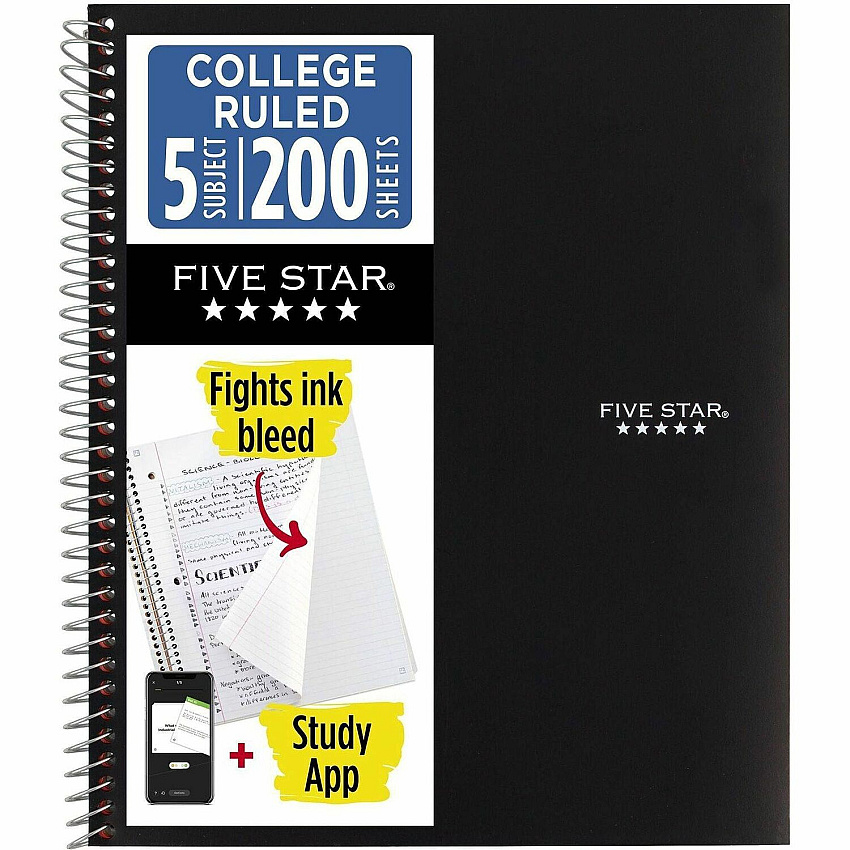Acco Five Star Notebook 5 Subject(s) - 200 Sheets - Wire Bound - College Ruled Front Ruling - 3 Hole(s) - Letter - 8 1/2" x 11" Sheet Size - Black Cover - Bleed Resistant, Pocket, Perforated, Water Resistant, Spiral Lock, Acid-free, Pocket Divider (72081)