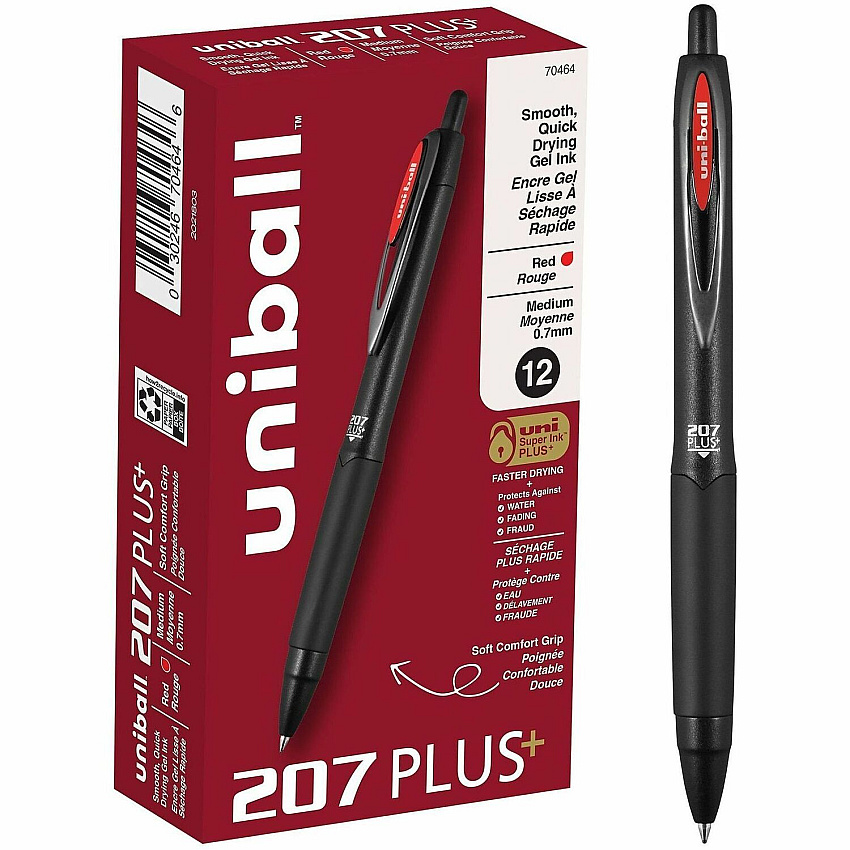 uni-ball uniball™ 207 Plus+ Gel Pen 0.7 mm Pen Point - Retractable - Red Ink - Gel-based, Nanofiber Ink - Black Metal Barrel - 12 / Dozen (70464)